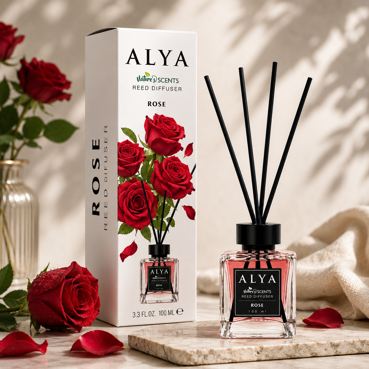 Alya Nature’s Scents pálcás diffúzor – Rose, 100 ml